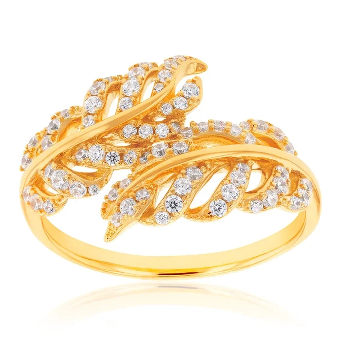 Sterling Silver Gold Plated Cubic Zirconia Feather Crossover Ring