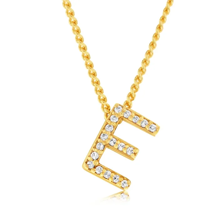 Sterling Silver Gold Plated Cubic Zirconia Initial “E” Pendant On 42cm Chain