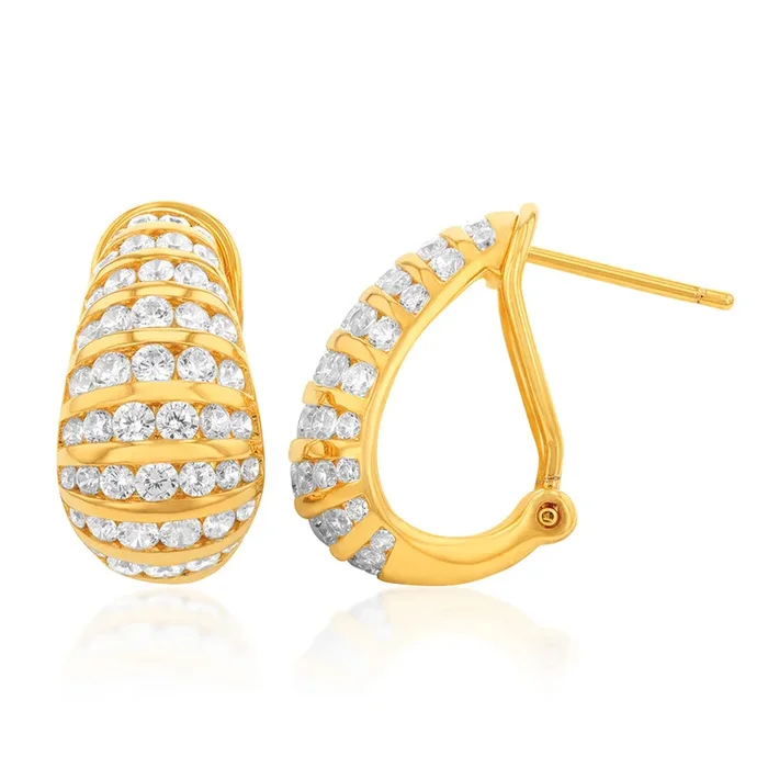 Sterling Silver Gold Plated Cubic Zirconia On Fancy “D” Shape Earrings