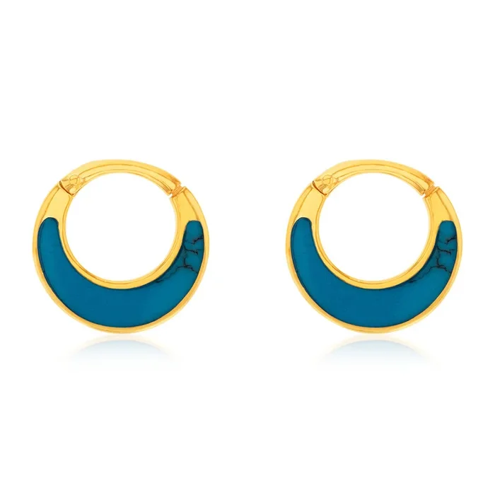 Sterling Silver Gold Plated Fancy Natural Turquoise Hoop Earrings