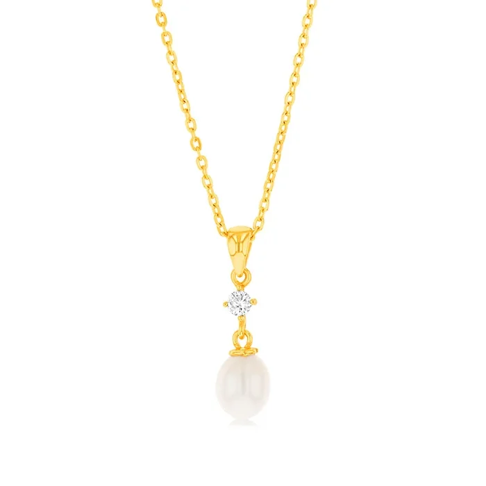 Sterling Silver Gold Plated Fresh Water Pearl Pendant On Chain
