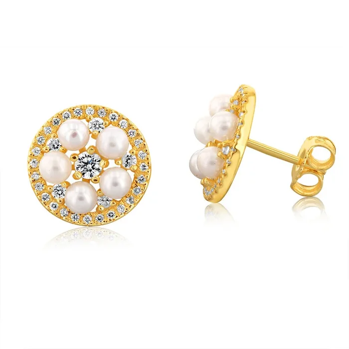 Sterling Silver Gold Plated Fresh Water Pearls And Cubic Zirconia Round Stud Earrings