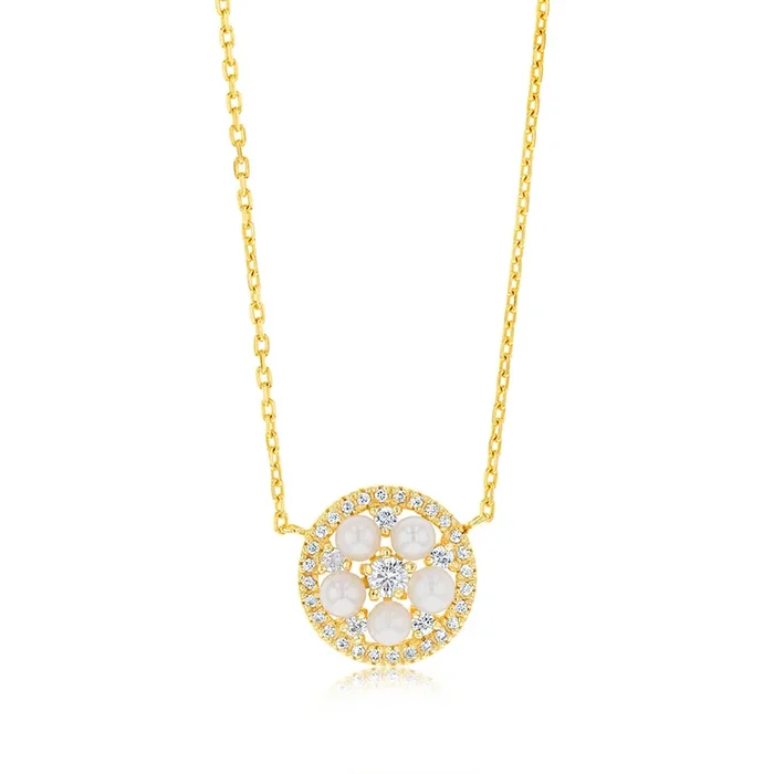 Sterling Silver Gold Plated Fresh Water Pearls And Zirconia Pendant On 45cm Chain
