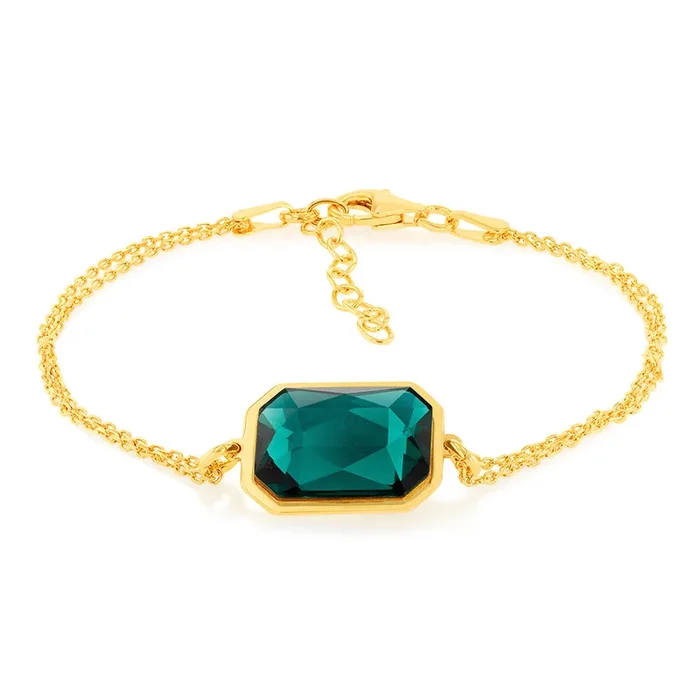 Sterling Silver Gold Plated Rectangle Emerald Green Crystal 16+3cm Bracelet