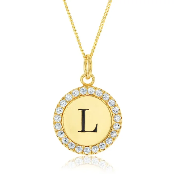 Sterling Silver Gold Plated Round Initial “L” Pendant On 45cm Chain