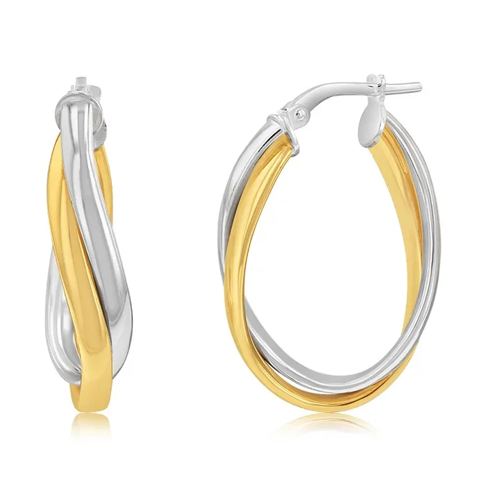 Sterling Silver Gold Plated Twisted Two Tone Hoop Earrings
