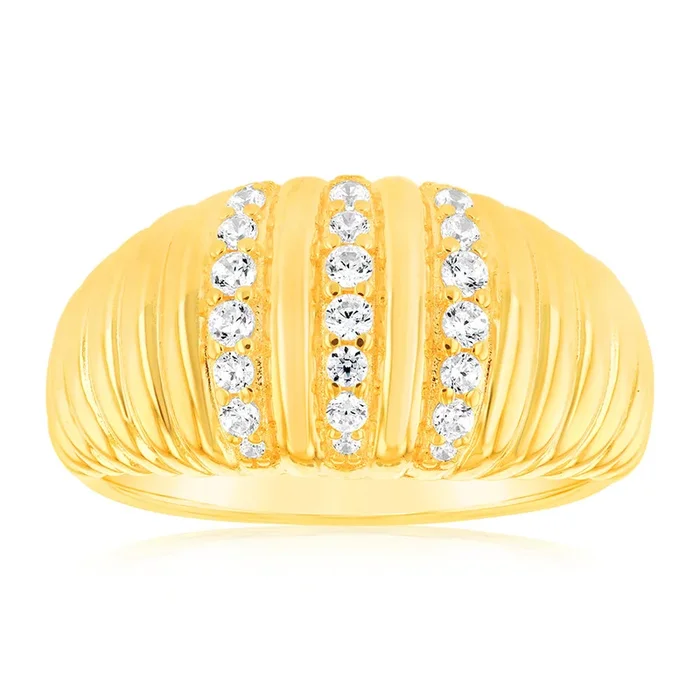 Sterling Silver Gold Plated Zirconia Polished Ribbed Ring