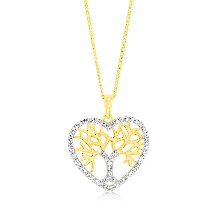 Sterling Silver Gold Plated Zirconia Tree Of Life Heart Pendant