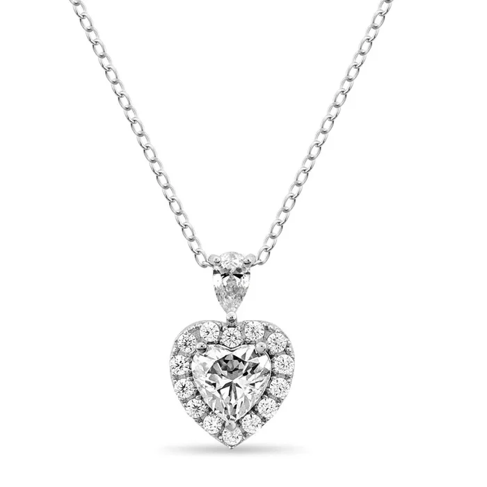 Sterling Silver Heart Shape Cubic Zirconia 18-inch Halo Pendant