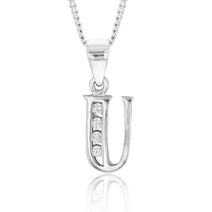 Sterling Silver Initial Zirconia Initial “U” Pendant