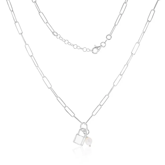 Sterling Silver Lock & Pearl Pendant On 45cm Paperclip Chain