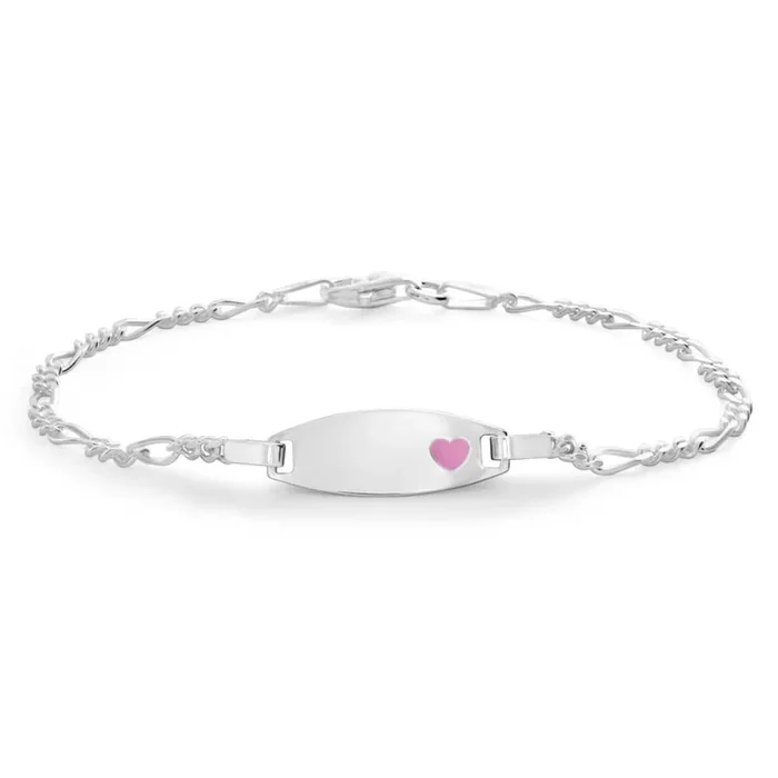 Sterling Silver Pink Enamel Heart ID 16cm Bracelet