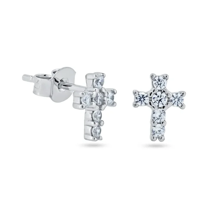 Sterling Silver Rhodium Plated Clear CZ Cross Earring – STE01365RH