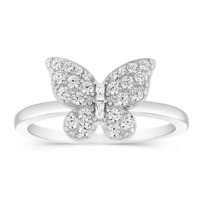 Sterling Silver Rhodium Plated Cubic Zirconia Butterfly Ring