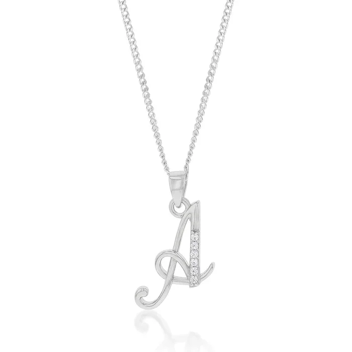 Sterling Silver Rhodium Plated Cubic Zirconia Script “A” Initial Pendant