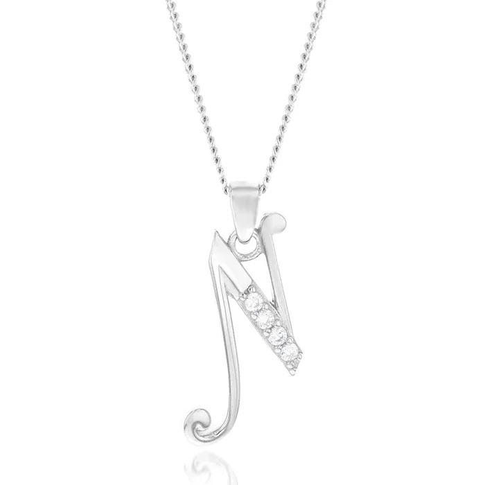 Sterling Silver Rhodium Plated Cubic Zirconia Script “N ” Initial Pendant