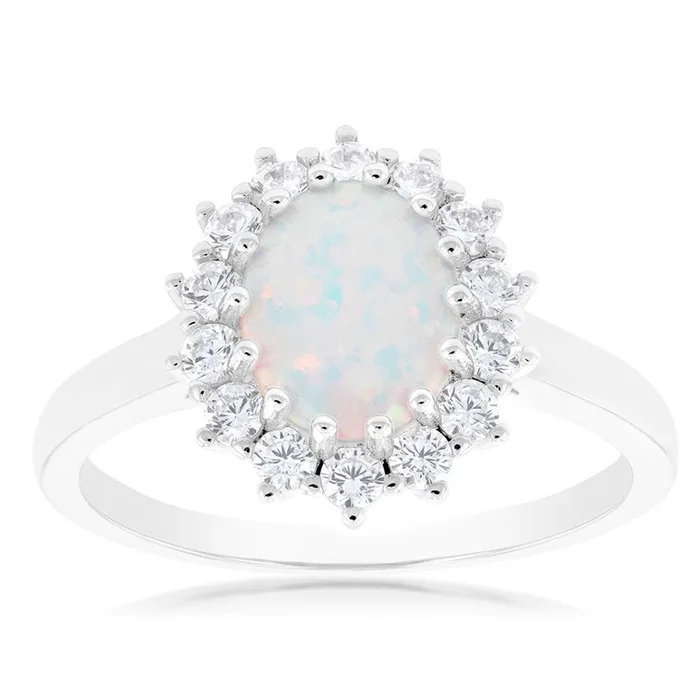 Sterling Silver Rhodium Plated Cubic Zirconia Synthetic Opal Round Ring