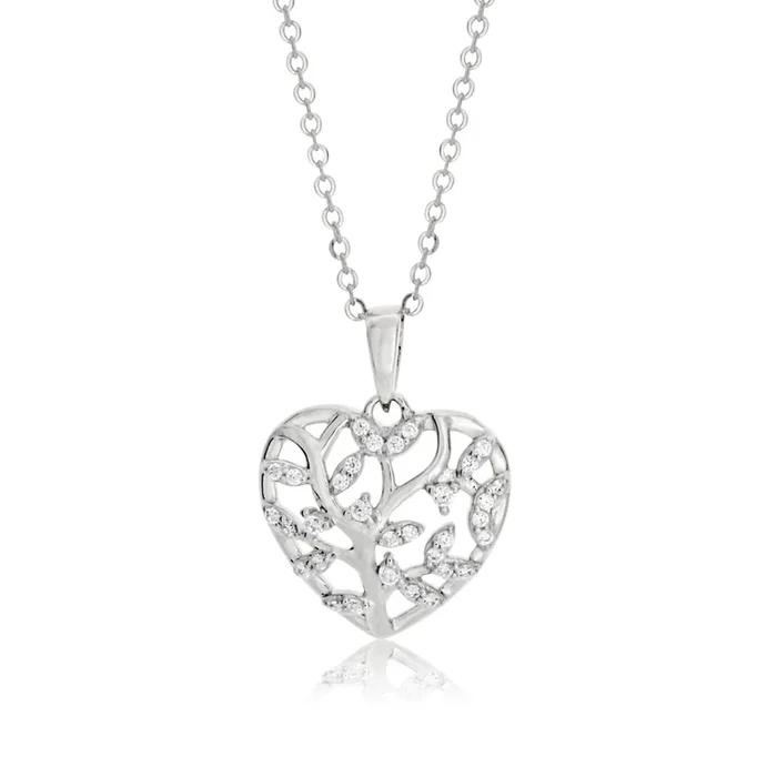 Sterling Silver Rhodium Plated Cubic Zirconia Tree of Life Haert Pendant With 40 + 5cm Chain