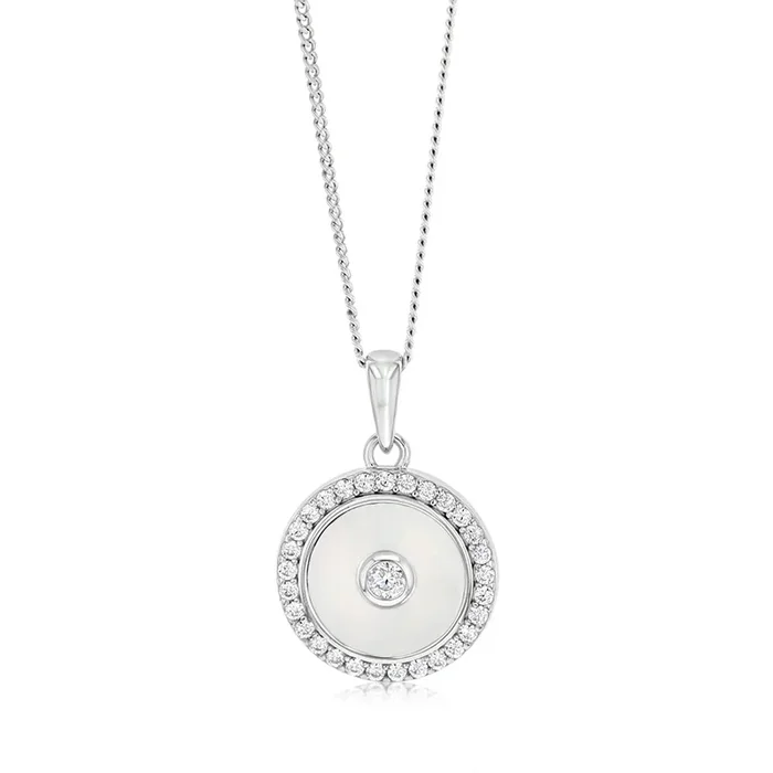 Sterling Silver Rhodium Plated Cubic Zirconia White Shell Pearl Round Pendant