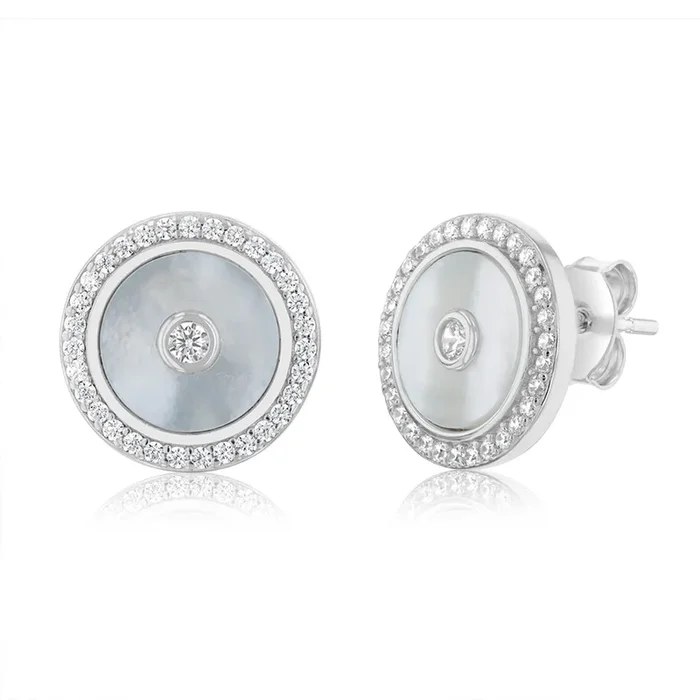 Sterling Silver Rhodium Plated Cubic Zirconia White Shell Pearl Round Stud Earrings