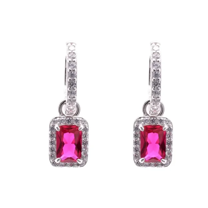 Sterling Silver Rhodium Plated Dangling Micro Pave Emerald Cut Red and Clear CZ Huggie Earring – STE01390-RED
