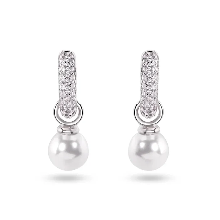 Sterling Silver Rhodium Plated Dangling Pearl Clear CZ Hoop Earrings – STE01373