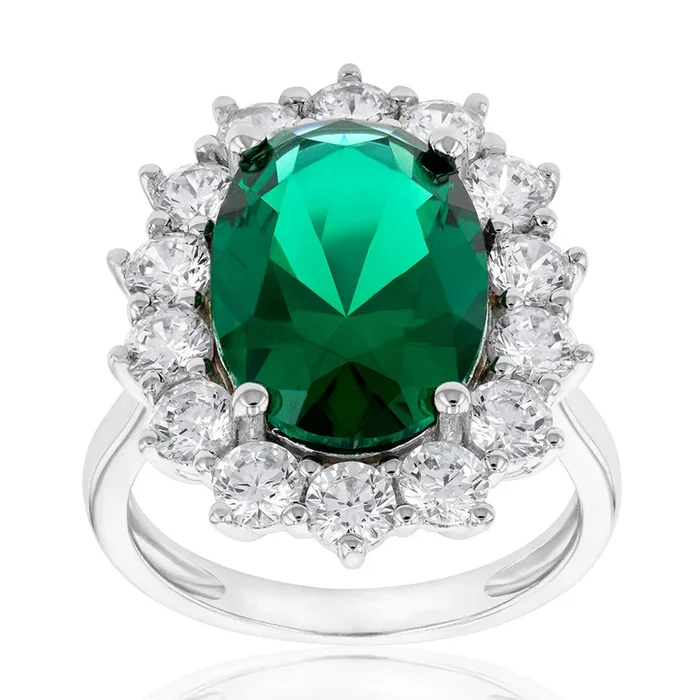 Sterling Silver Rhodium Plated Emerald-Green Cubic Zirconia Oval Ring