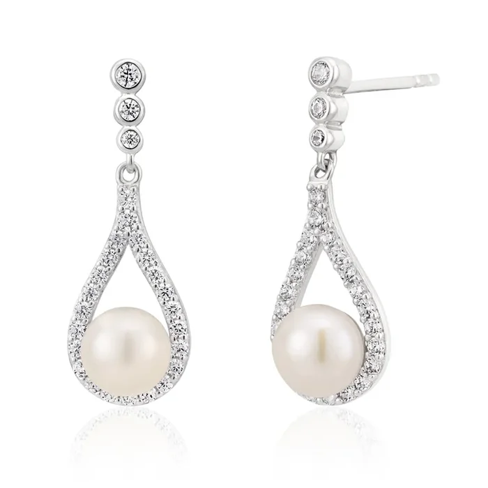 Sterling Silver Rhodium Plated Freshwater Pearl and Zirconia Teardrop Earrings