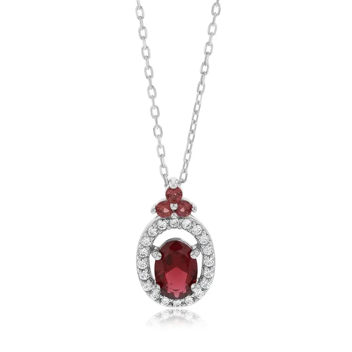 Sterling Silver Rhodium Plated Oval Red Stone White Cubic Zirconia With 45cm Chain