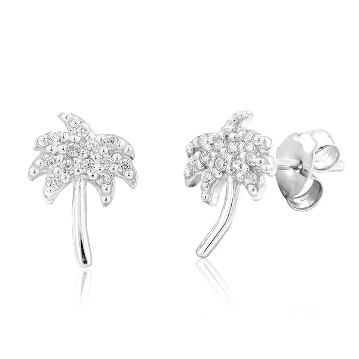 Sterling Silver Rhodium Plated White Cubic Zirconia Palm Tree Stud Earrings