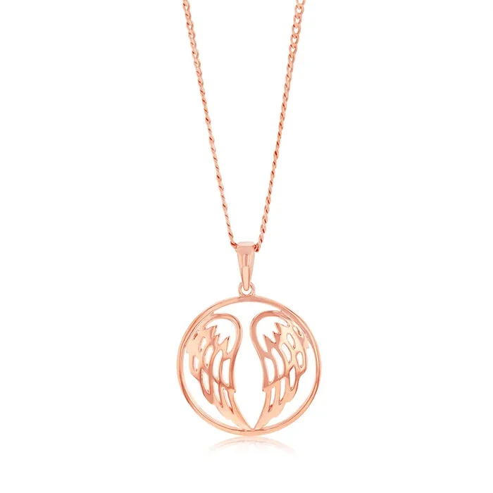 Sterling Silver Rose Gold Plated Angel Wings Round Pendant