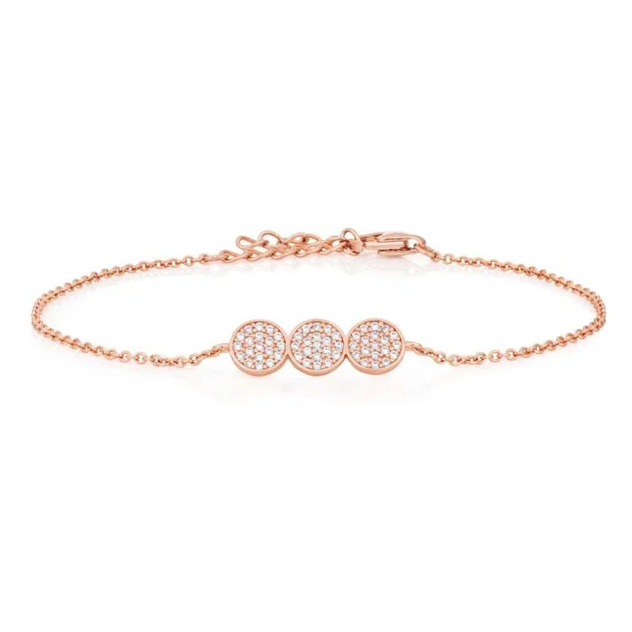 Sterling Silver Rose Gold Plated Cubic Zirconia Pave Trio Disc Bracelet 16+3cm