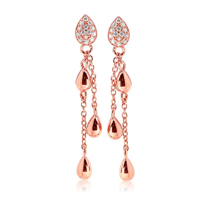 Sterling Silver Rose Plated Zirconia Double Chain Drop Earrings