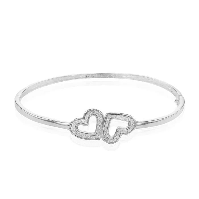 Sterling Silver Stardust Double Heart Hinged Bangle
