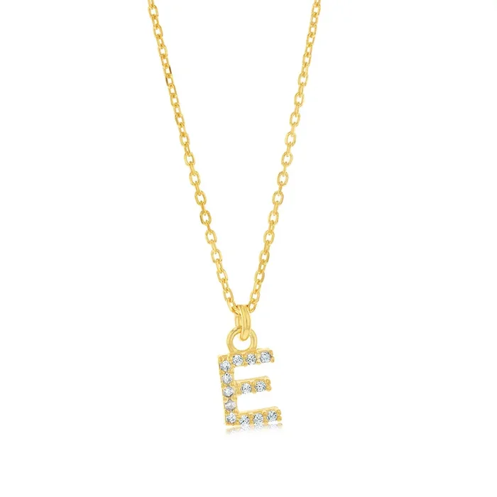 Sterling Silver Yellow Gold Plated Initial “E” Pendants On 45cm Chain