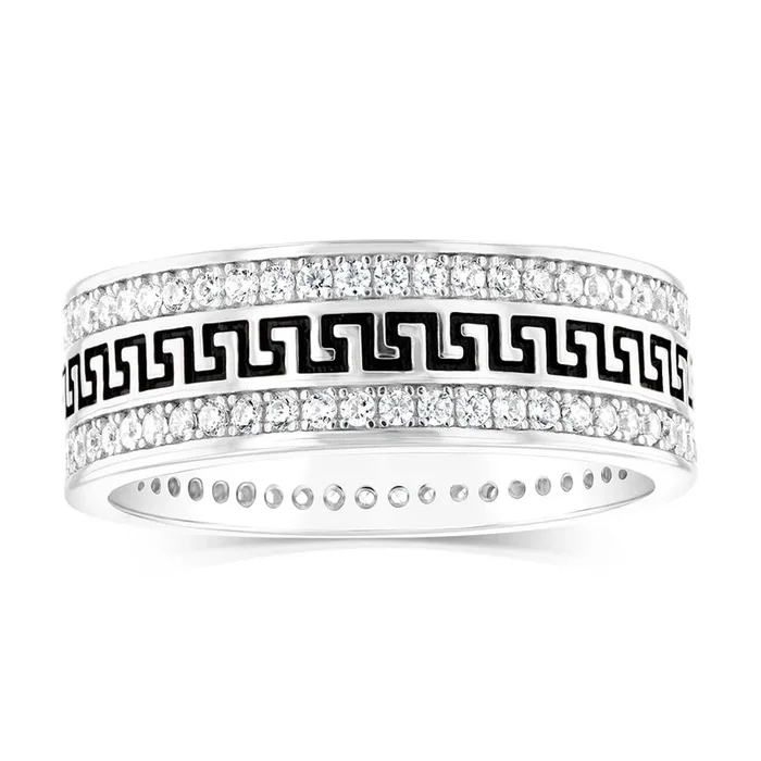 Sterling Silver Zirconia and Black Enamel Greek Key Ring