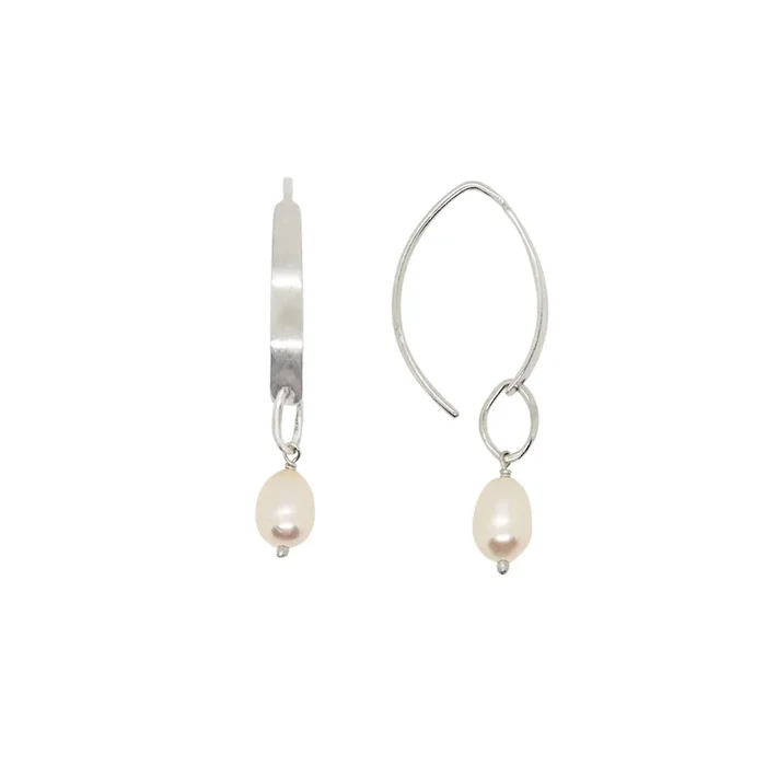 Stone Drop Crescent Earrings in Pearl & Silver