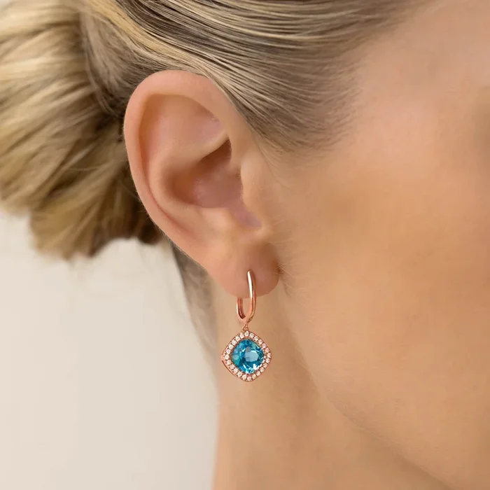 Swiss Blue Topaz and Diamond Halo Drop Earrings Rose Gold – Elvira