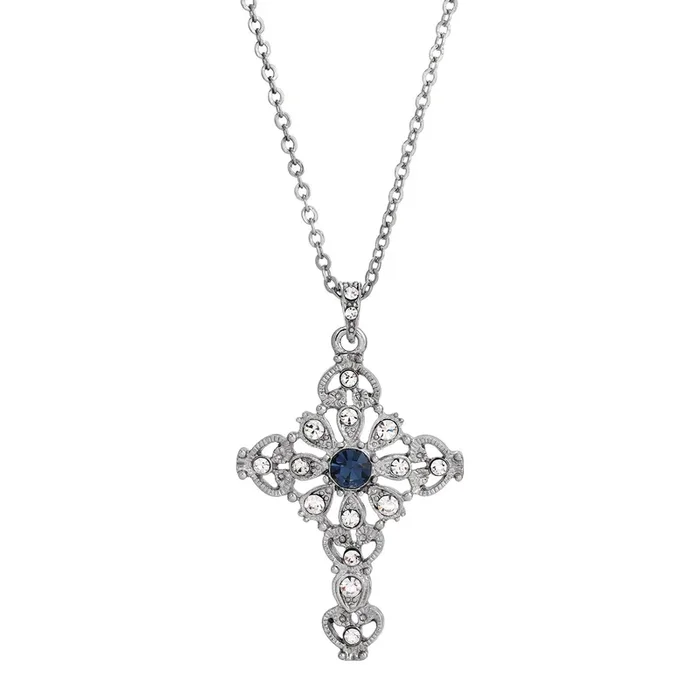 Symbols Of Faith Blue And Crystal Cross Pendant Necklace 16″ + 3″ Extender