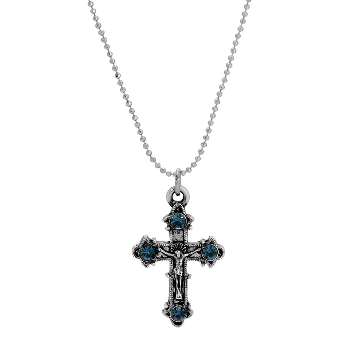 Symbols Of Faith Blue Montana Crystal Crucifix Pendant Necklace 16″