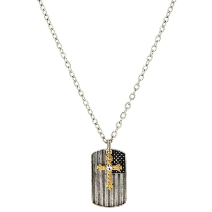 Symbols Of Faith Cross Charm & American Flag Dog Tag Pendant Necklace 24″