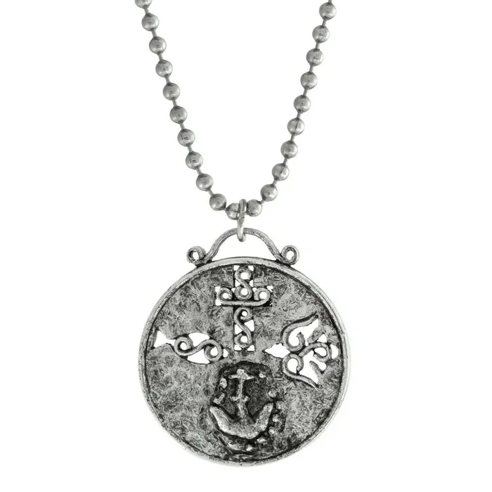 Symbols Of Faith Cross Dove Fish And Anchor Round Medallion Pendant Necklace 22″