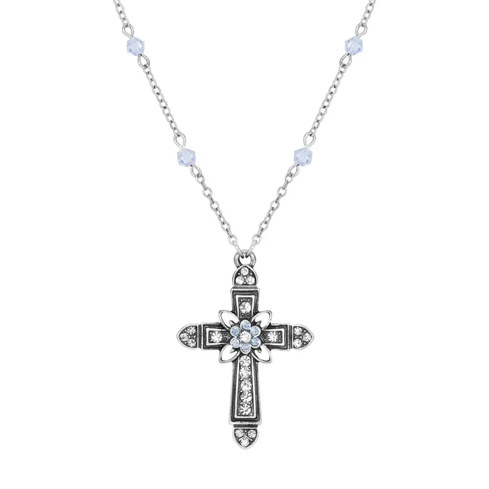 Symbols Of Faith Floral Cross Crystal Pendant Necklace 16″ + 3″ Extension