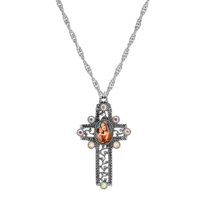 Symbols Of Faith Madonna and Child AB Crystal Openwork Scroll Cross Pendant Necklace 28″