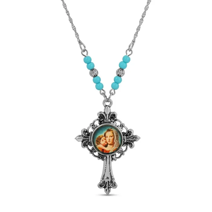 Symbols Of Faith Mother And Child Fleur De Lis Cross Pendant Necklace 18″