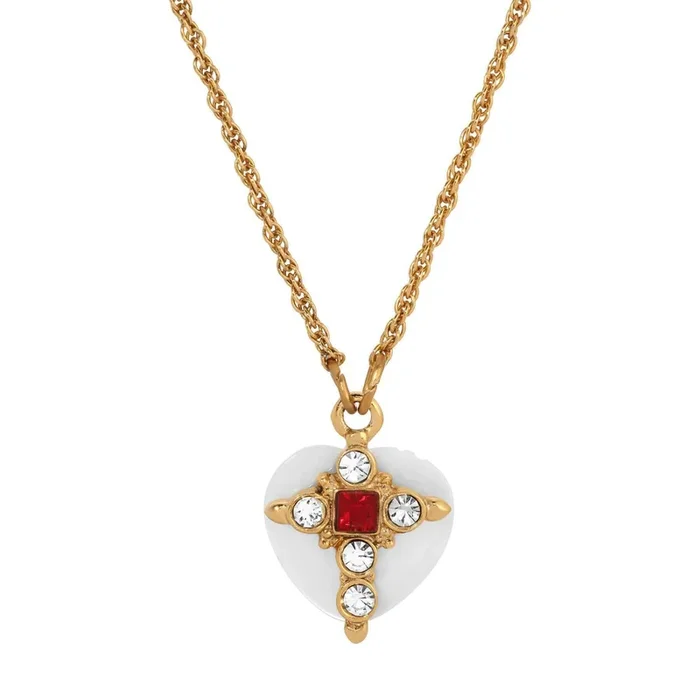 Symbols Of Faith Mother Of Pearl Heart & Crystal Cross Pendant Necklace 16″ + 3″ Extension