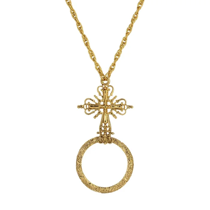 Symbols of Faith Ornate Cross Magnifier Pendant Necklace 28″