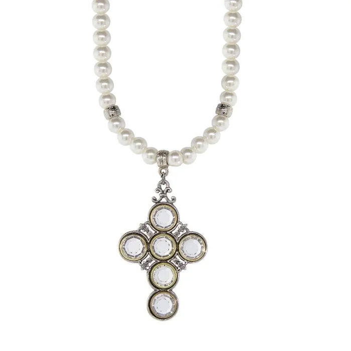 Symbols Of Faith Pewter Crystal Cross 6mm Faux Pearl Strand Pendant Necklace 15″ + 3″ Extender