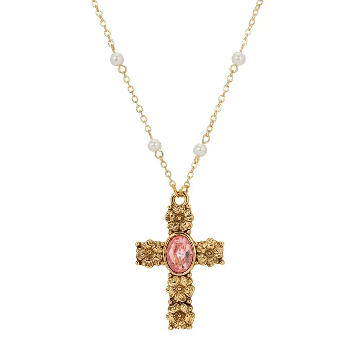 Symbols Of Faith Rose Pink Crystal Floral Cross Pendant Necklace 28″