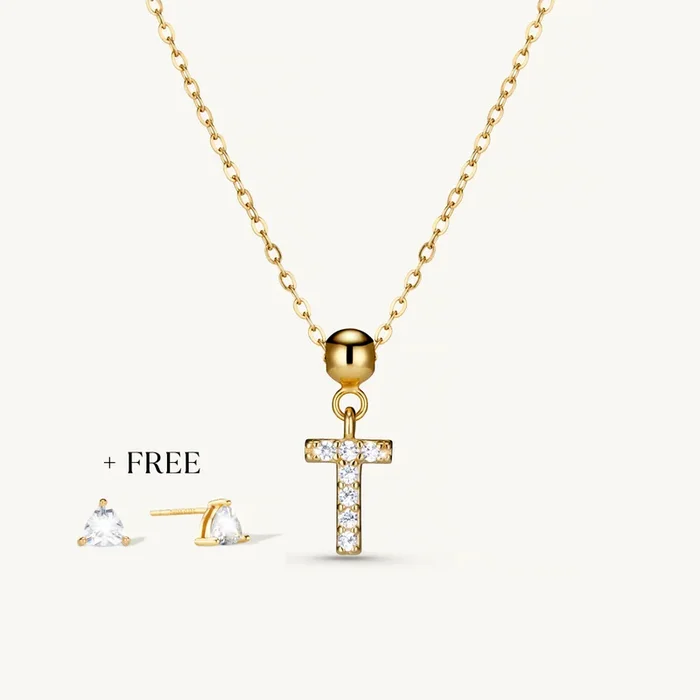 T Diamond Initial Charm Necklace + FREE Diamond Trio Studs Gold